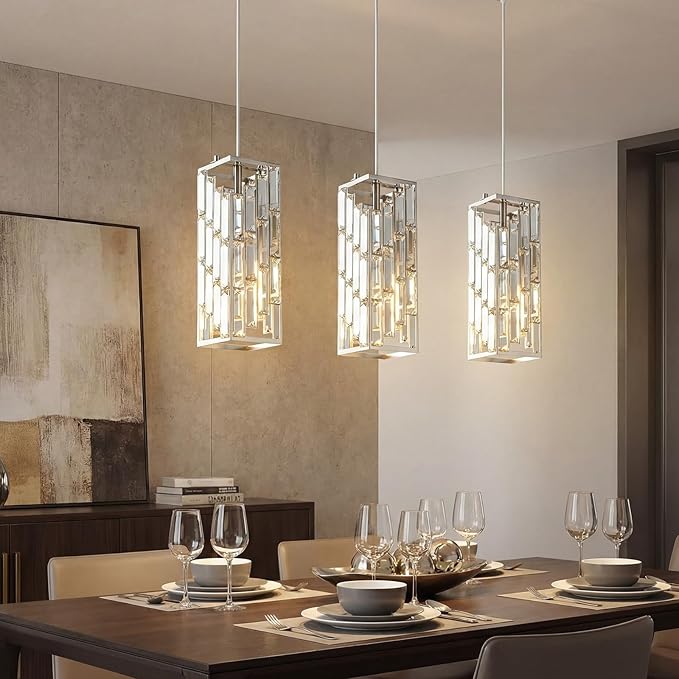 Brushed Nickel Pendant Lighting Modern Pendant Light, Mini Crystal Chandeliers, Adjustable Pendant Light Fixture for Kitchen Island Dinning Room Bedroom (2 Pack)