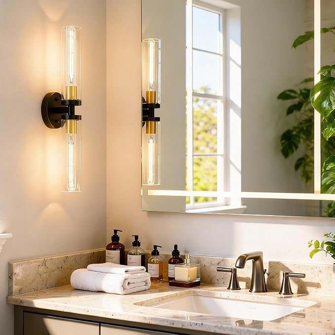 Black and Gold Wall Sconces Set of 2, Hardwired Bathroom Light Fixtures, Modern Bathroom Vanity Wall Lighting with Clear Glass Shade, Farmhouse Wall Sconce for Mirror Bedroom Hallway, E26 Base
