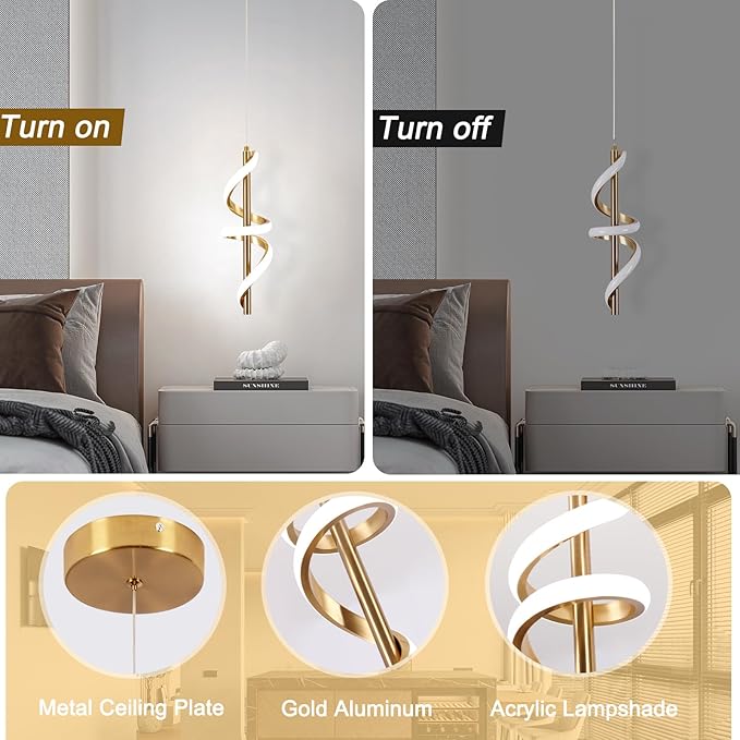 Spiral Led Pendant Light Fixtures, 5500K Gold Modern Led Pendant Light Kitchen Island, Adjustable Height Kitchen Island Lights Fixtures for Dining Room Bedroom Sink