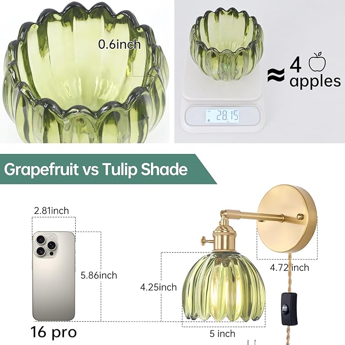 Shenmoyl Plug in Wall Sconce, Green Tulip Glass Lampshade Wall Light Plugin Corded for Bedside Bedroom Doorway, 2 Pack