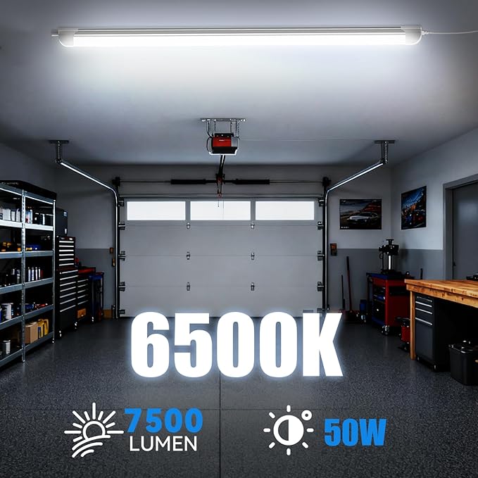CNSUNWAY Led Shop Lights, 4FT LED Light 50W 7500LM 6500K Daylight White, D Shape Garage Light, Linkable Clear Cover T8 Integrated for Garage Workshop Workbench, ETL Listed(8-Pack)
