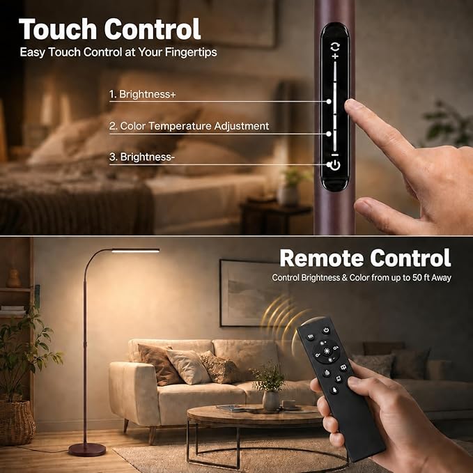 Wio-Mio Led Floor Lamps with 15w/1000lm Bright LED Floor Lamp with Stepless Adjustable 3000K-6000K Colors and Dimmer, Remote and Touch Control Reading Lamp, Adjustable Floor Lamp for Living Room