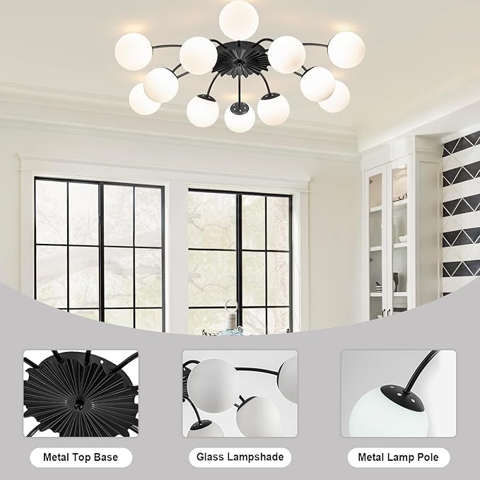 12-Light Milk Glass Pendant Light, 33" Sputnik Bubble Glass Chandelier Light Fixture, Hand Blown Semi Flush Mount Ceiling Chandeliers Lighting for Dining Room, Living Room (Black, 12-Light Ceiling)