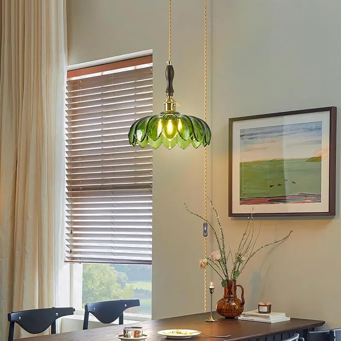 Modern Green Plug in Glass Pendant Light Retro Flower Glass Hanging Lamp Gold Brass Decorative Adjustable Ceiling Hanging Light Suitable for Kitchen Island Bedroom Dining Room Living Room