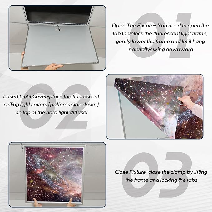 Amylove 4 Pcs Fluorescent Light Covers Classroom Ceiling Panels Light Filters with Backlit Film Material for Office School, 4 x 2 Feet(Dreamy Color,Galaxy Stars)