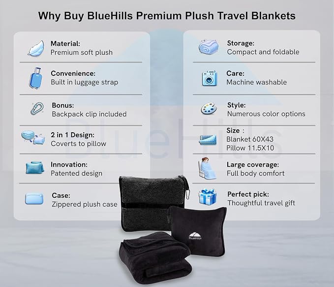 BlueHills Premium Soft Travel Blanket Pillow Airplane Blanket Packed in Soft Bag Pillowcase with Luggage Sleeve Compact Pack Large Traveling Packable Lightweight Gifts Black T008