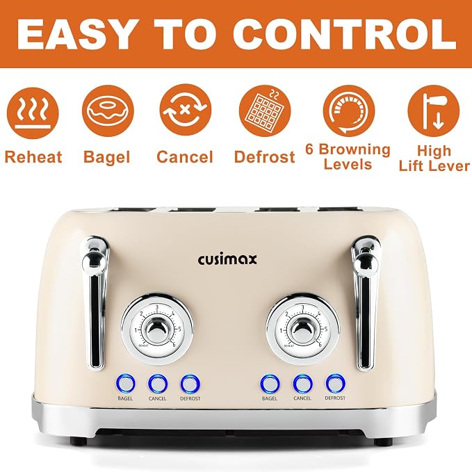 CUSIMAX Toaster 4 Slice, Retro Toaster with Wide Slots for Bagels, Stainless Steel with 6 Toast Settings, Bagel, Cancel, Defrost & Reheat Functions, Dual Independent Control Panels, Cream