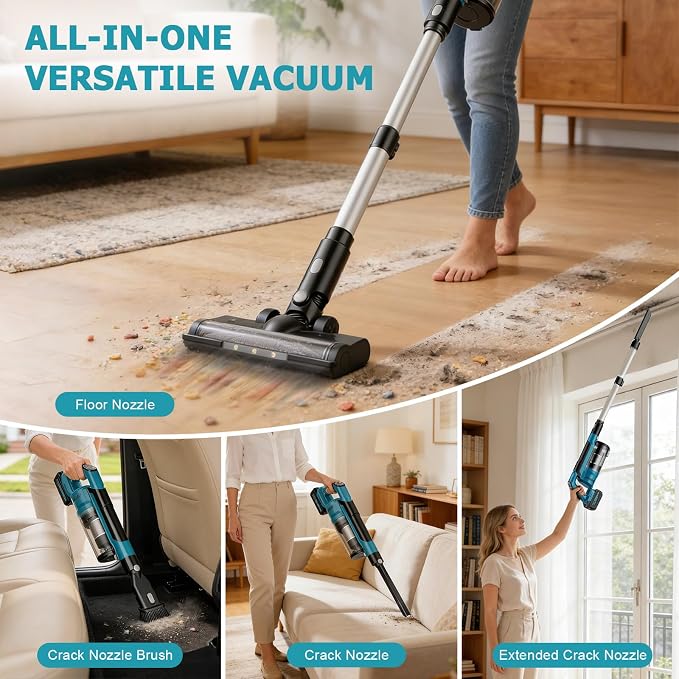 Cordless Vacuum Cleaner, 700W 60KPa Portable Stick Vacuum with 3 Modes, 2x4.0Ah Batteries, 6 in 1 Stick Vacuum Cleaner, Brushless Motor, 2L Dust Cup for Floor, Carpet, Car