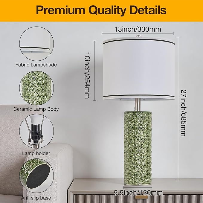 27" Tall Farmhouse Table Lamp Set of 2, Large Ceramic Bedside Lamps for Bedroom Living Room, 3-Color Temperature Dimmable Nightstand Lamps with Bulbs Included, Modern Home Decor (Light Green)