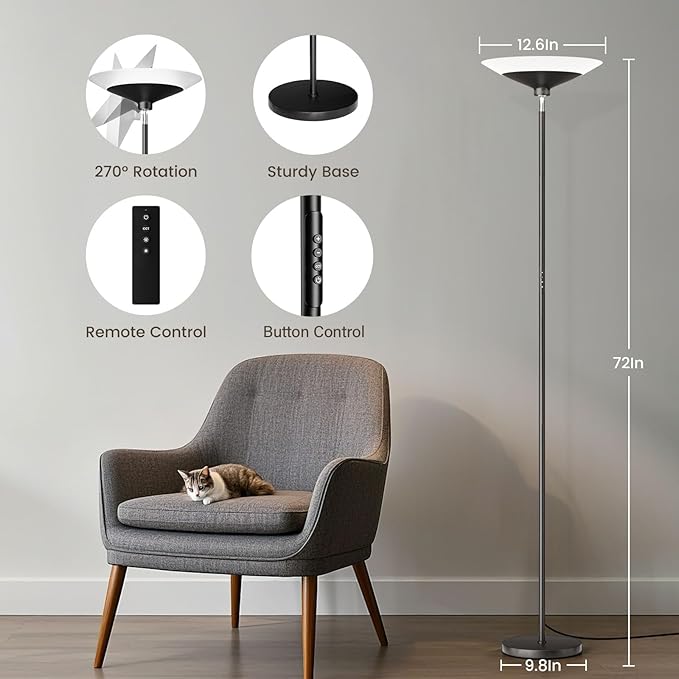 SIBRILLE RGB Torchiere Floor Lamp - 30W Dimmable LED Standing Lamp with Remote, Multi Color Changing, 72in Tall Corner Light, Bright Standing Pole Light for Office Living Room Bedroom Basement, Black