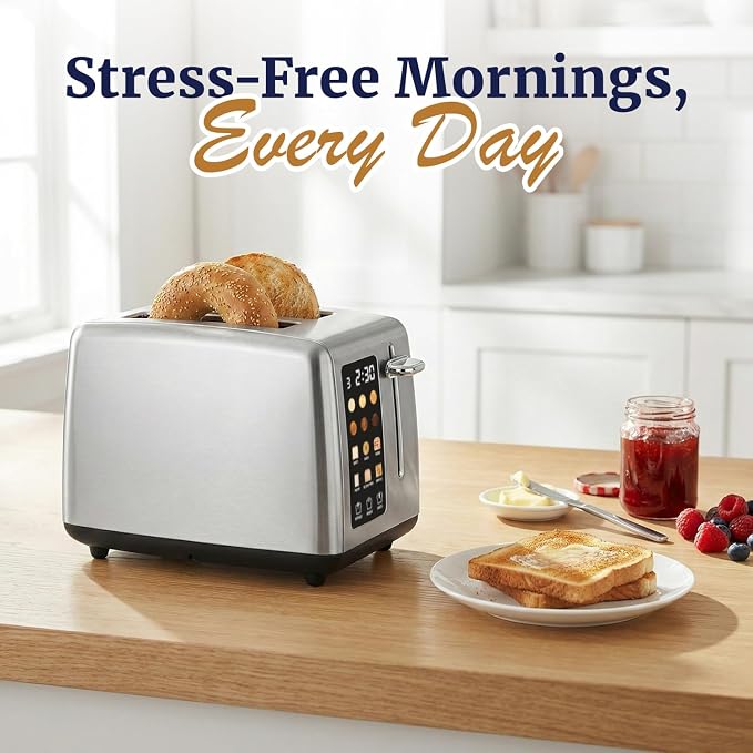 Elite Gourmet 2-Slice Toaster with Digital Countdown, Extra-Wide Slots for Bagels & Thick Bread, One-Touch Presets, Stainless Steel, Defrost/Reheat/Cancel