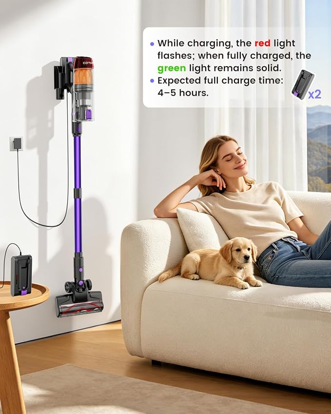 Cordless Vacuum Cleaner, 120Mins Runtime with 2 Batteries, 500W 40KPa Vacuum Cleaners for Home, Green Light Anti-Tangle Brush & Wall Mount Charging, Lightweight for Pet Hair Carpet Hard Floors