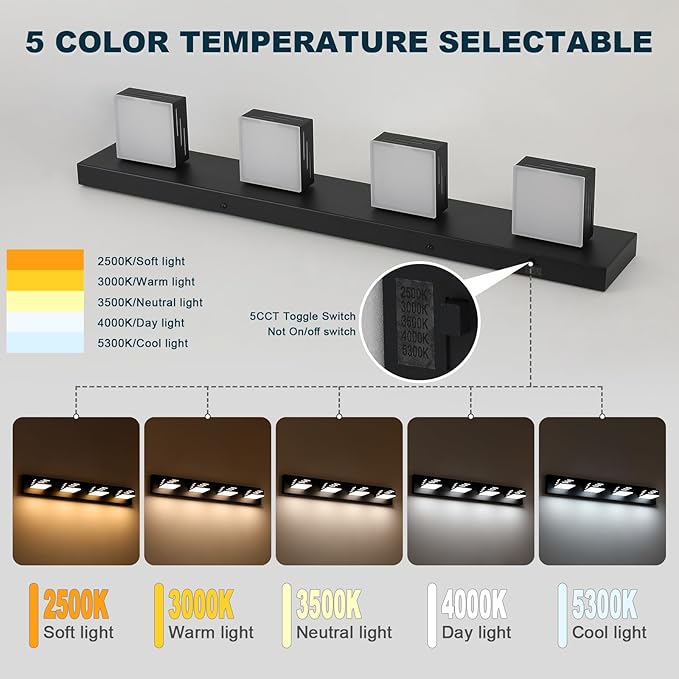 Joosenhouse Modern LED Vanity Light for Bathroom, 5CCT Dimmable Vanity Lights, 4-Light Makeup Light Fixture, 29.92-Inch, 32W Black