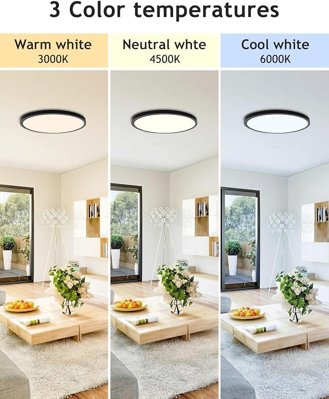 hepside 1PACK Flush Mount LED Ceiling Light Fixture Black, 12Inch 28W, Dimmable 3000K-4500K-6000K Ceiling Lamp 3200LM Low Profile Ceiling Light for Kitchen Bedroom Hallway