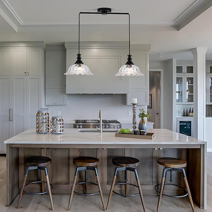 HDDFL 2 Light Pendant Light Fixtures Modern Glass Hanging Lights with Adjustable Cord for Kitchen Island Dining Room Living Room Hallway Black and Clear