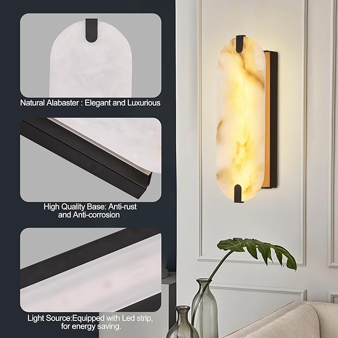 14.17in Alabaster Wall Sconces, Natural Marble Wall Light Set of Two, Modern LED Alabaster Sconces for Living Room Indoor Wall Lamps for Dining Room Stairs Bedroom,Black