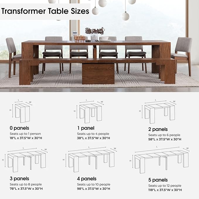 Transformer Table - Solid Wood Extendable Dining Table, Seats 2-12, Expandable Dining Room Table, Space-Saving Furniture, Kitchen and Dining Room Furniture (Brown, Table + Bench + Coffee Table)