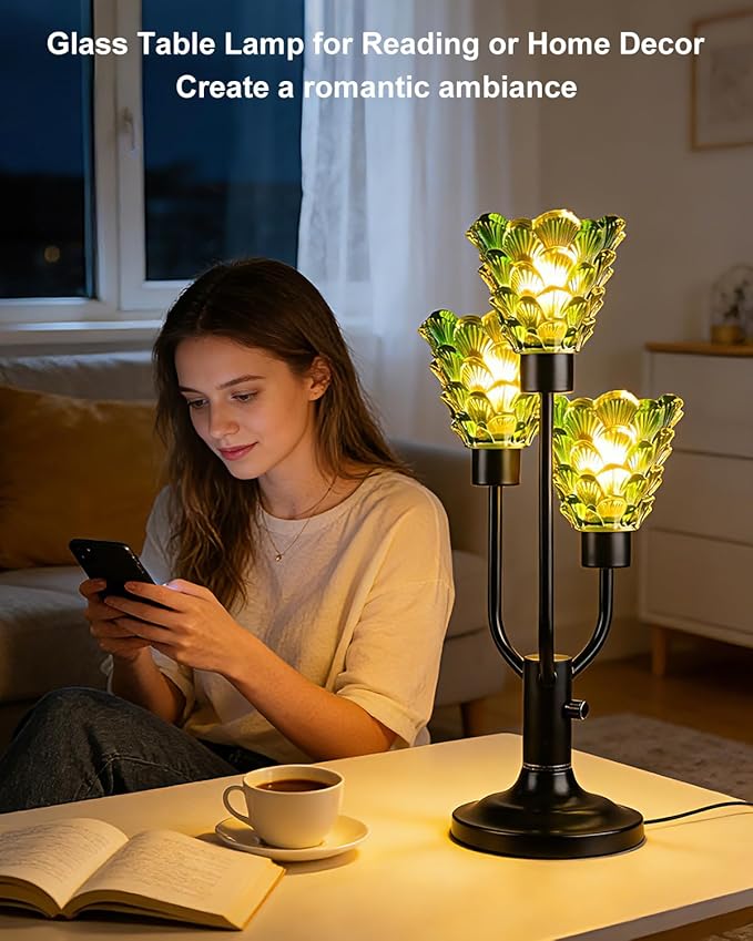 Glass Vintage Table Lamp Dimmable Nightstand Lamp Mid Century Modern Black Desk Lamp with Green Glass 3 Bulbs Included Warmwhite Ambient Bedside Lamps for Bedroom Living Room Office Home Decor