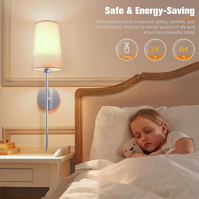 NIORSUN Brushed Nickel Battery Operated Wall Sconce Set of 2,Rechargeable Wall Lights with 10400mAh Dimmable Detachable Bulbs and Remote,9 Colors Wireless Sconces for Bedroom Living Room Hallway