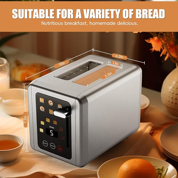 Touch screen Toasters 2 slice,Stainless Steel Digital Timer Toaster with Sound Function,6 Bread Types & 6 Shade Settings,Smart Extra Wide Slots Toaster with Bagel,Defrost Functions,Grey
