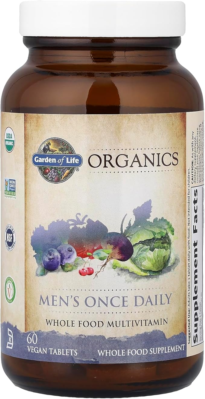 Garden of Life 男性向けマルチビタミン 1日1回 全食品由来、オーガニック メンズ ビタミン＆ミネラル、ビタミンC、亜鉛、ヴィーガン、健康とウェルビーイングに、60粒