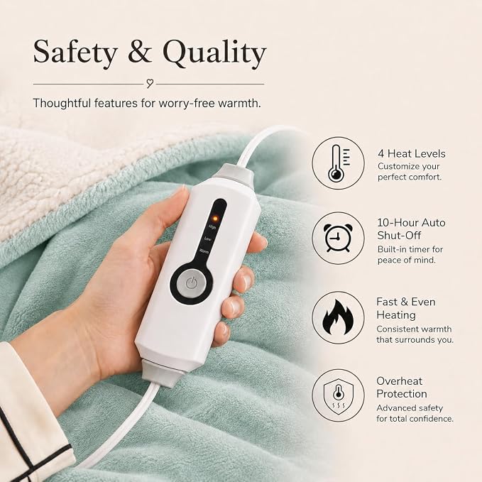 Electric Heated Blanket Full Size 72"x84" – ETL Certified for Safe Overnight, 4 Heat Settings & 10H Auto Off, Dual-Sided Microplush Sherpa for Home Theater Night, Machine washable – Onsen Green