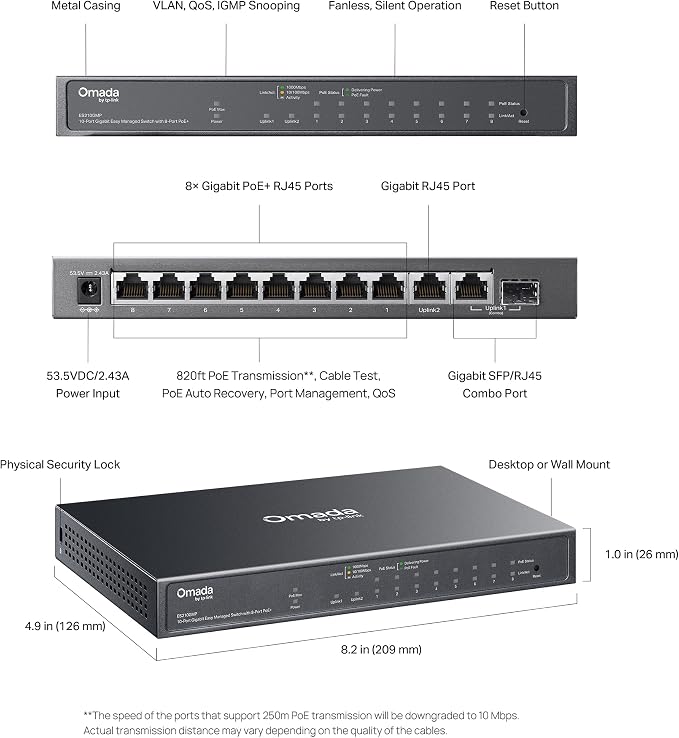 TP-Link Omada 8 Port Gigabit Easy Managed, PoE Switch, 123W Budget, PoE+ Compliant, Up to 250m PoE Distance, Auto Recovery, VLAN, Auto Loop Prevention, Fanless, Managed by Omada(ES210GMP)