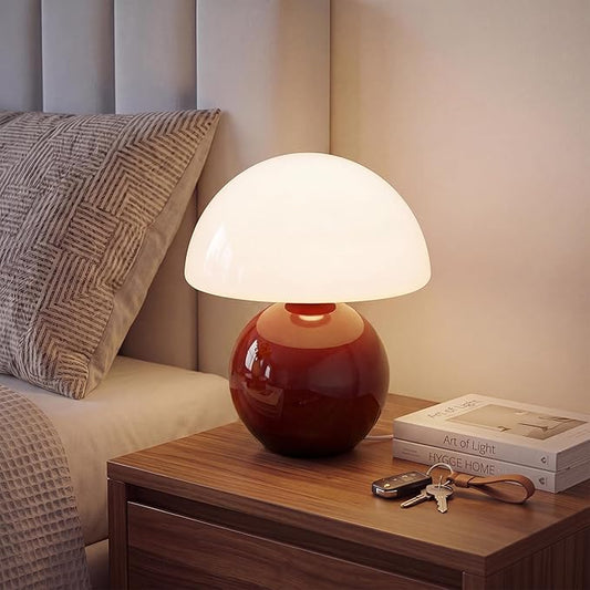 Dawnwake Mushroom Lamp Table Lamp for Bedroom,Desk Bedside Small Lamps for Living Room Night Stands,Mushroom Decor Cute Mini Modern Mid Century Lamps,Unique Aesthetic Home Living Room Decor(Wine Red)