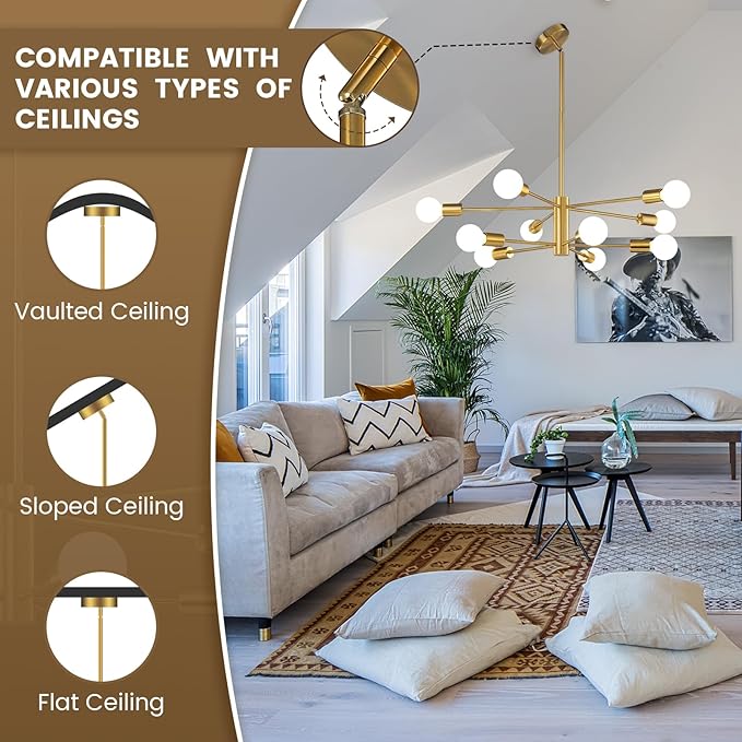 KAISITE Modern Chandelier Ceiling Light Fixture Sputnik Chandelier 10-Light Gold Chandelier for Dining Room Over Table Height Adjustable Lighting Fixture Ceiling Hanging for Kitchen Living Room