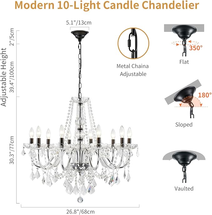 Large Crystal Chandelier, Modern Black Crystal Chandeliers for Dining Room Light Fixture, 10-Lights Large Black Pendant Light Fixtures Luxury Chandelier for Living Room Bedroom Foyer Entryway D26.8''