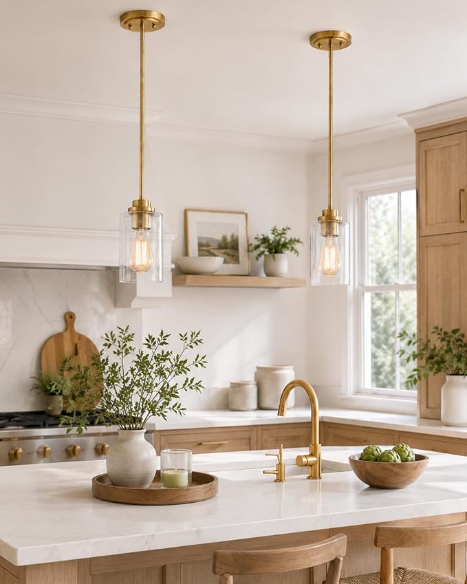 Pendant Lights Kitchen Island, Farmhouse Gold Pendant Lighting with Clear Glass Shade, Kitchen Pendant Lighting Over Island for Dining Room Entryway, AD-22281-1P-GD-C
