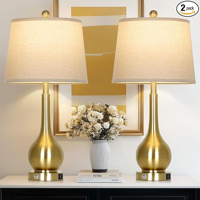 Rinweey 26" Gold Lamps Set of 2 for Living Room, Touch Control Table Lamps for Bedroom, 3-Way Dimmable Bedside Lamps for Nightstand with with USB A+C Ports (2 LED Bulbs Included)