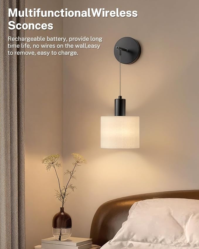 SAIMAND Battery Operated Wall Sconce Set of 2, Wireless Rechargeable Wall Lights with Remote Control, 9 Colors Dimmable LED Lamps, Modern Cordless Sconces for Bedroom Living Room Hallway(Black)