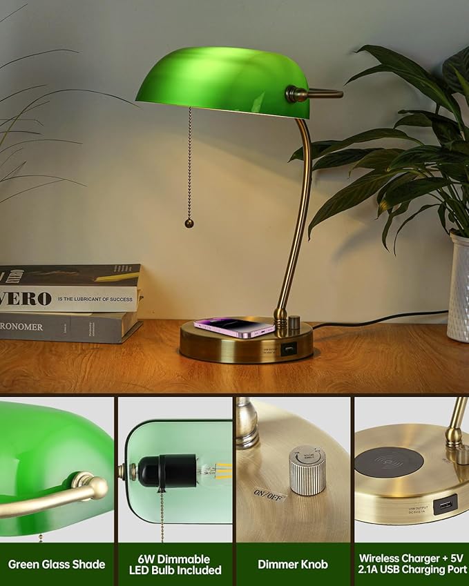 Green Glass Bankers Desk Lamp with Wireless Charger, USB Charging Port for Home Office,Stepless Dimmable Table Lamp Plug in Fixture,LED Bulb Included