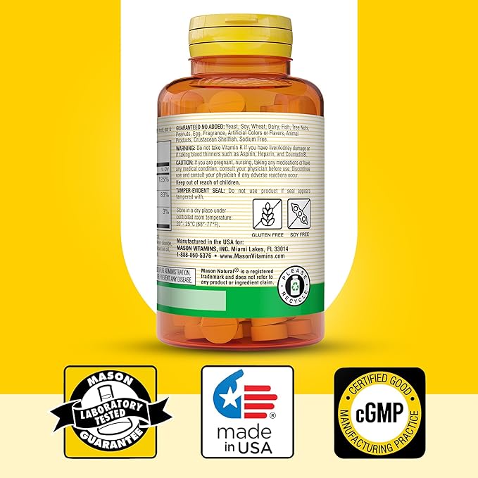 MASON NATURAL Vitamine K2 + D3, Approvisionnement de 100 jours, avec du Calcium pour un Soutien Normal des Os et des Muscles, Comprimés
