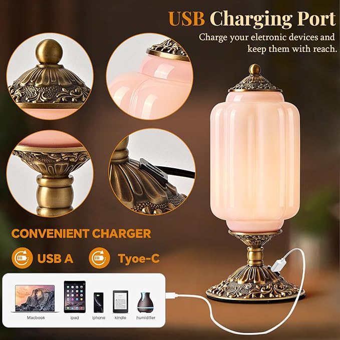 Milk Glass Table Lamp, Touch Control with USB Charging Port Vintage Bedside Desk Lamp Stepless Dimming for Bedroom Living Room Nightstand Led Bulbs Included （Pink）