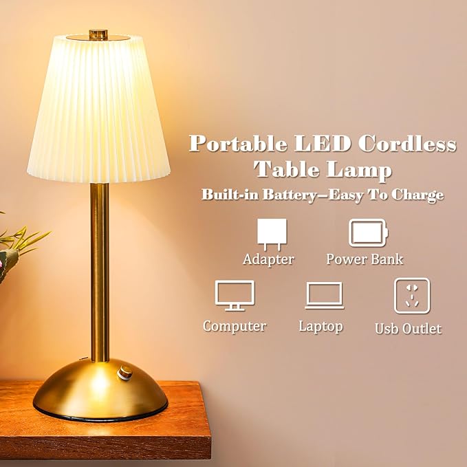 Liliful 1 Pcs Cordless Table Lamp Rechargeable Touch LED Small Gold Portable Battery Operated USB-c Desk Lamp 3 Color Dimmable for Bedroom Living Room Dining (Gold,Beige Cloth Style)