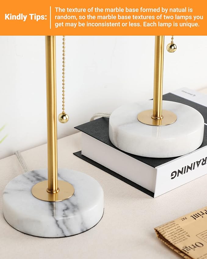 JUNNAI 18.5" Desk Lamp & Table Lamp Set of 2, Skinny Bedside Lamp with Marble Base, Pull Chain Switch, 3-Way Dimmable, Linen Fabric Shade, Small Nightstand Lamps for Living Room, Bedroom, Reading