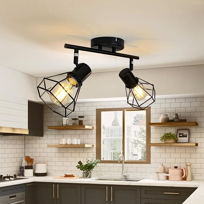 HiBay 2-Light Track Lighting Black, Rotatable Directional Ceiling Light Fixtures, Farmhouse Geometric Metal Cage Industrial Spotlight for Kitchen, Bedroom, Hallway, E26 Base (Bulbs Not Included)