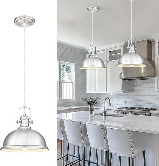 Pendant Lights Kitchen Island, Farmhouse Hanging Lights Fixtures with Metal Shade, Rustic Kitchen Pendant Lighting Over Island for Dining Room, Brushed Nickel, AD-2151-1PL-SN
