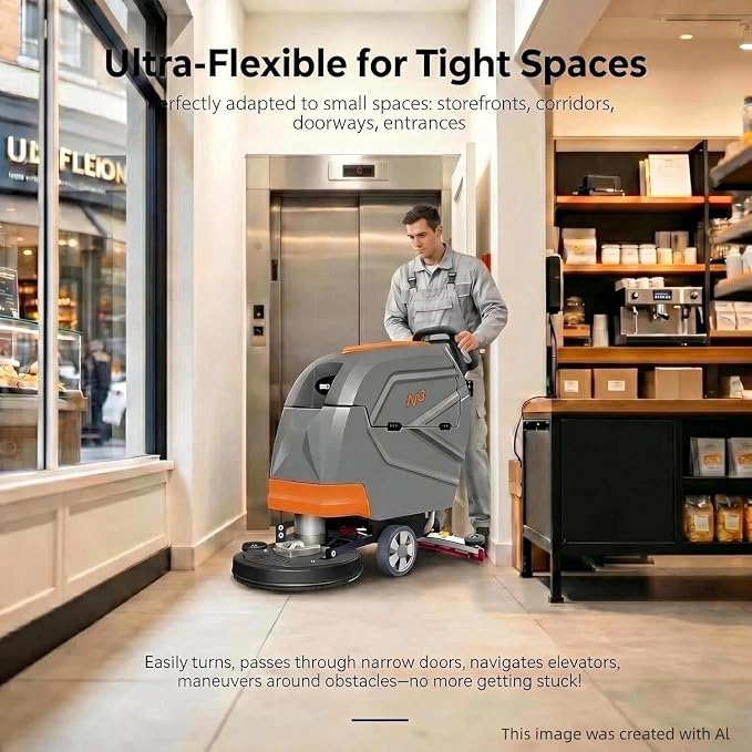 N3 20" Walk-Behind Floor Scrubber Kit, 13-Gallon Tank | sturdy build; small shops & narrow corridors; lightweight simple operation; 20"path; 31" squeegee; 13-Gal tank; 190 RPM