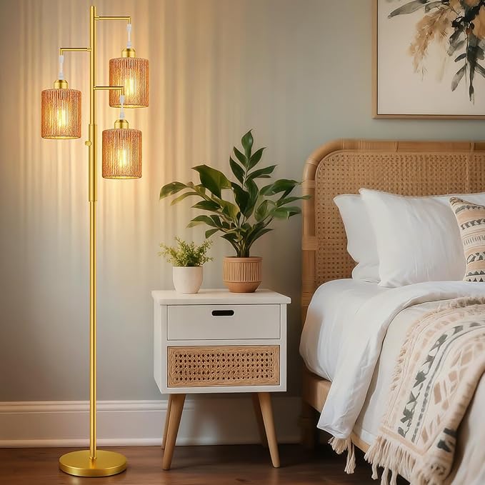 Hotsonic 72" Tall Boho Rattan Style Floor Lamp with Hand-Woven Paper Cord Shade, Dimmable Industrial Tree Standing Lamp for Living Room, Bedroom, Study Room, Office (3 x 800LM Bulbs Included) - Gold