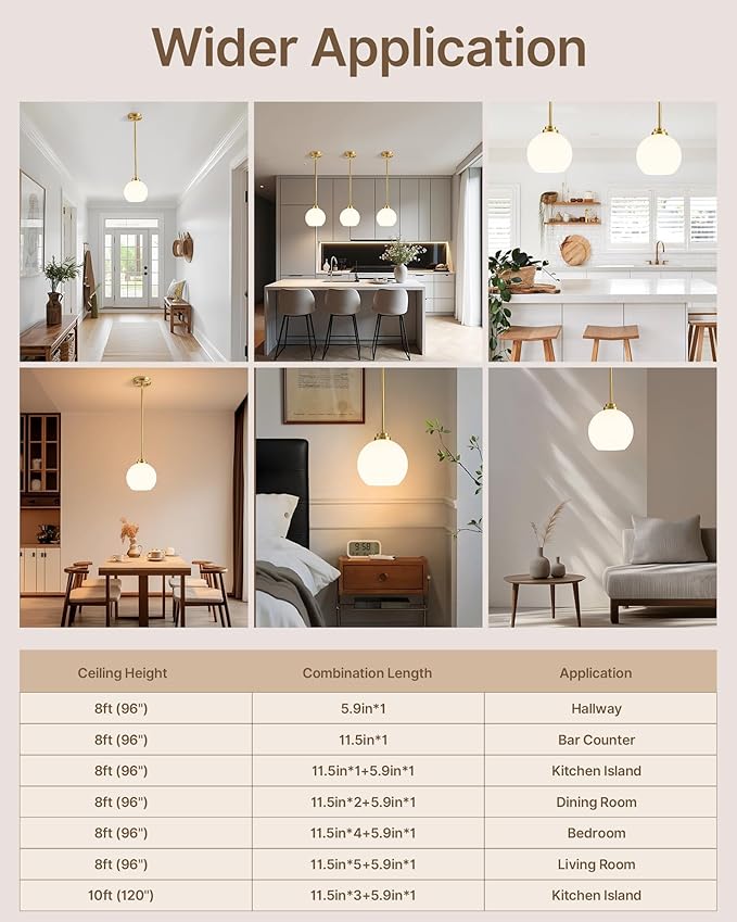 Majade Globe Pendant Lights Mid Century Modern Kitchen Island Pendant Light Fixtures 7.4 Inch Gold Brass Pendant Lighting with Milk Glass Adjustable Hanging Light Fixtures for Dining Room Living Room
