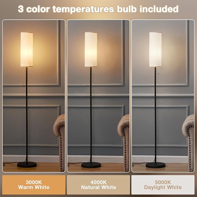 Ambimall 64'' Floor Lamp for Living Room with Bulb, 3 Color Temperature, Tall Lamps with Beige Lampshade & Pull Chain Switch, Pole Lamps Suitable for Bedrooms Study, Minimalist Floor Lamp