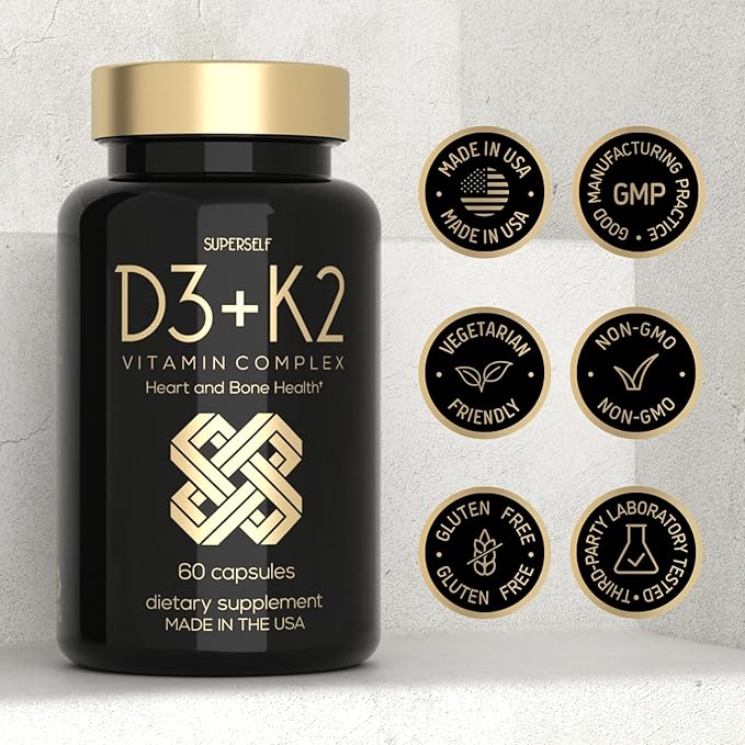 Gélules SuperSelf Vitamine D3 K2 - Vitamine D3 5000 UI et Vitamine K MK7 100mcg - 60 Gélules - Complément de Vitamine D végétarien fabriqué aux États-Unis - Vitamine D à haute dose pour les os, les muscles, les dents, le système immunitaire