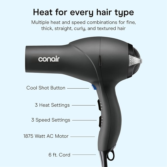 Conair Salon Hair Dryer | 1875W AC Motor for All Hair Types, Includes Bonus Round Brush, Concentrator, Diffuser, Black with Bonus Brush, 259AMRY