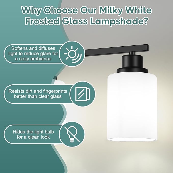 Ascher Bathroom Light Fixtures, 4-Light Vanity Light Over Mirror, Matte Black Wall Sconces with Milky White Frosted Glass Shades, Wall Lamp for Living Room Bedroom, E26 Base(Bulbs Not Included)