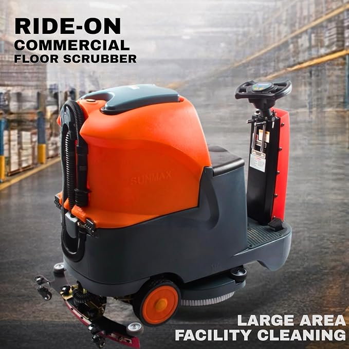 SUNMAX RT70 Ride-On Commercial Floor Scrubber Machine, 22" Brush, 31.5" Squeegee, 18.5/18.5-Gal Tanks, 48,400 Sq Ft/H, 5-Hour Runtime
