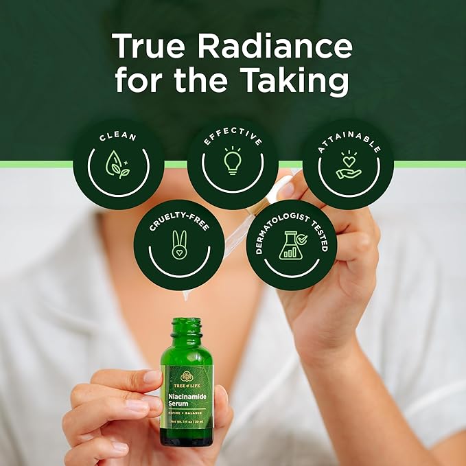 Sérum à la Niacinamide et Vitamine B3 de Tree of Life Beauty, Huile Hydratante pour le Visage contre les Taches Brunes et de Vieillesse, Resserre les Pores, Sérums Visage pour Peaux Sensibles à l'Acide Hyaluronique et Vitamine E, 60 ml