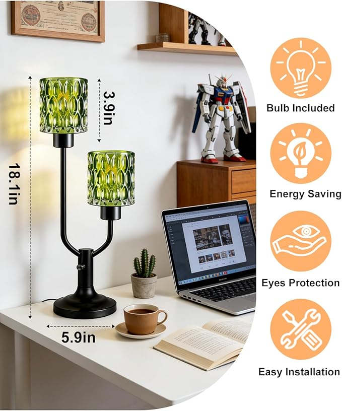Lightdot Vintage Table Lamp for Living Room Dimmable Nightstand Lamp Mid Century Modern Green Glass Black Desk Lamp 2 Bulbs Included Warmwhite Ambient Bedside Lamps for Bedroom Home Office Decor Gift